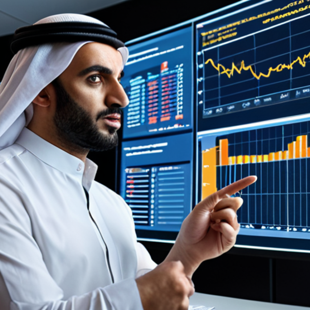 A discerning Arabic financial advisor, with a thoughtful and focused expression, deeply engaged in deciphering complex financial data. The scene should feature intricate, glowing data visualizations and financial statements displayed on transparent, futuristic screens or holographic interfaces. The advisor is pointing towards specific anomalies or insights, conveying a sense of profound understanding and the discovery of hidden narratives beyond the raw numbers. The background is a modern, sophisticated office environment, emphasizing expertise and strategic vision.