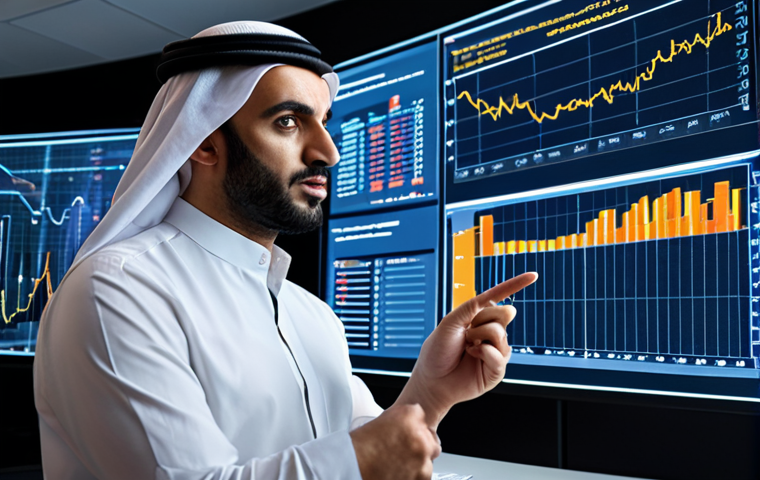 A discerning Arabic financial advisor, with a thoughtful and focused expression, deeply engaged in deciphering complex financial data. The scene should feature intricate, glowing data visualizations and financial statements displayed on transparent, futuristic screens or holographic interfaces. The advisor is pointing towards specific anomalies or insights, conveying a sense of profound understanding and the discovery of hidden narratives beyond the raw numbers. The background is a modern, sophisticated office environment, emphasizing expertise and strategic vision.