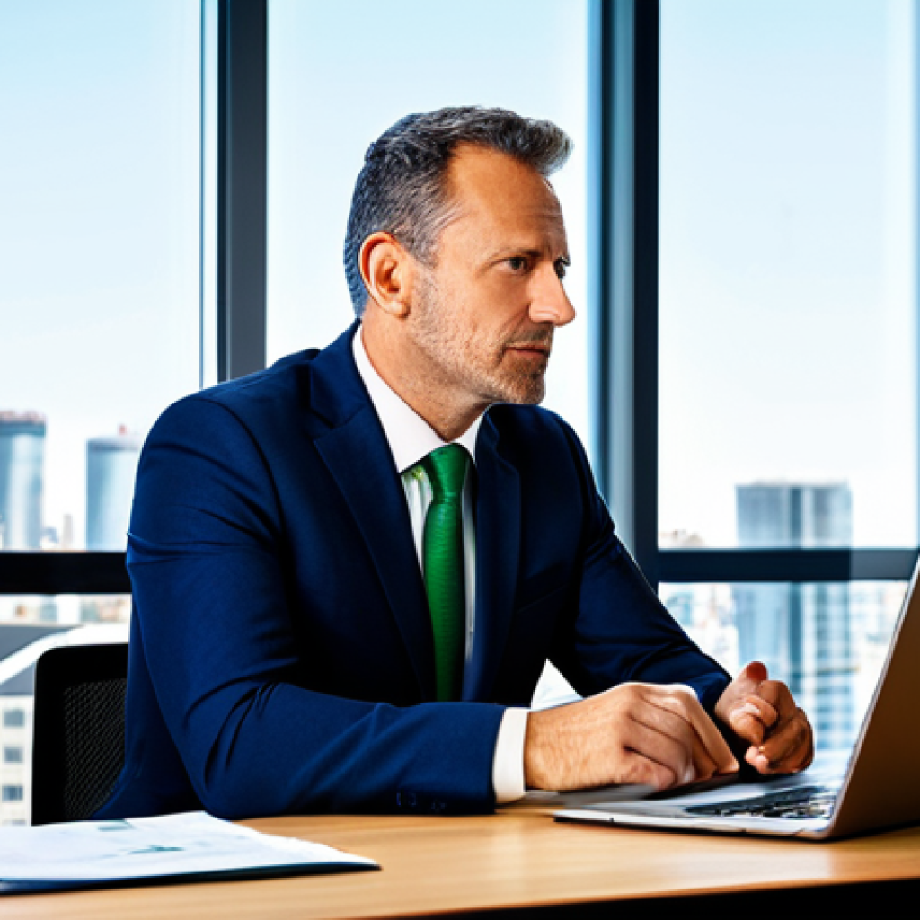 A calm and experienced male financial consultant, mid-40s, with a reassuring expression, fully clothed in a modest, professional dark blue business suit. He is sitting at a sleek, minimalist desk in a modern, sunlit office with a large window overlooking a city skyline. On his desk, a laptop displays complex financial charts and graphs showing market fluctuations, some red and some green, indicating balanced volatility. He gestures slightly towards the screen, as if calmly explaining market trends to an unseen client. Professional photography, high-resolution, sharp focus, natural lighting, perfect anatomy, correct proportions, well-formed hands, proper finger count, natural pose, safe for work, appropriate content, professional.