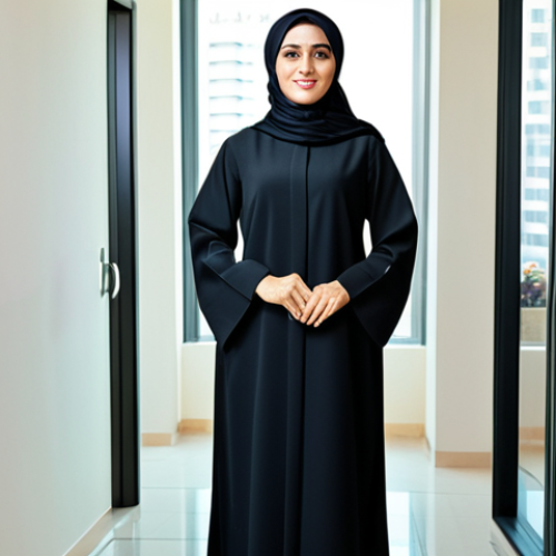 **

"A professional businesswoman in a modest, tailored abaya, standing in a modern office setting in Dubai, fully clothed, appropriate attire, safe for work, perfect anatomy, natural proportions, professional photography, high quality, family-friendly."

**