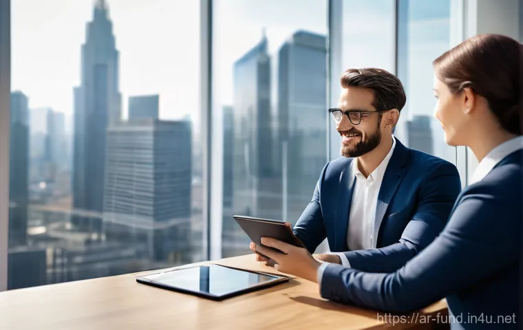 펀드투자상담사와 관련된 고객 투자 성공 사례 - **Prompt 1: Professional Financial Consultation**
    A wide shot of a male financial advisor, impec...