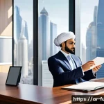 펀드투자상담사로서의 사회적 책임 - **Prompt:** A warm, inviting atmosphere in a modern, elegant financial office with subtle Arabian ar...