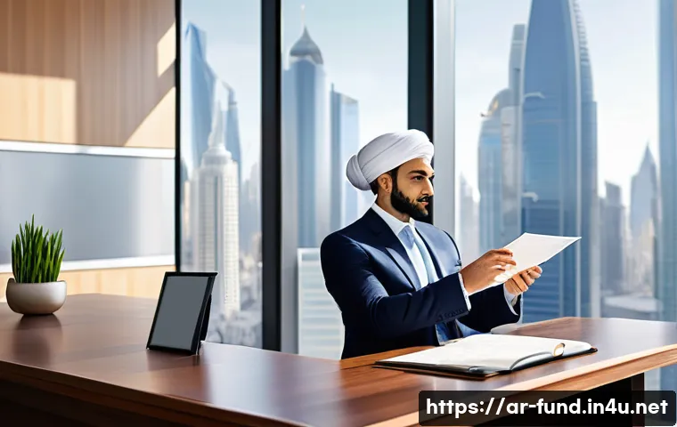 펀드투자상담사로서의 사회적 책임 - **Prompt:** A warm, inviting atmosphere in a modern, elegant financial office with subtle Arabian ar...