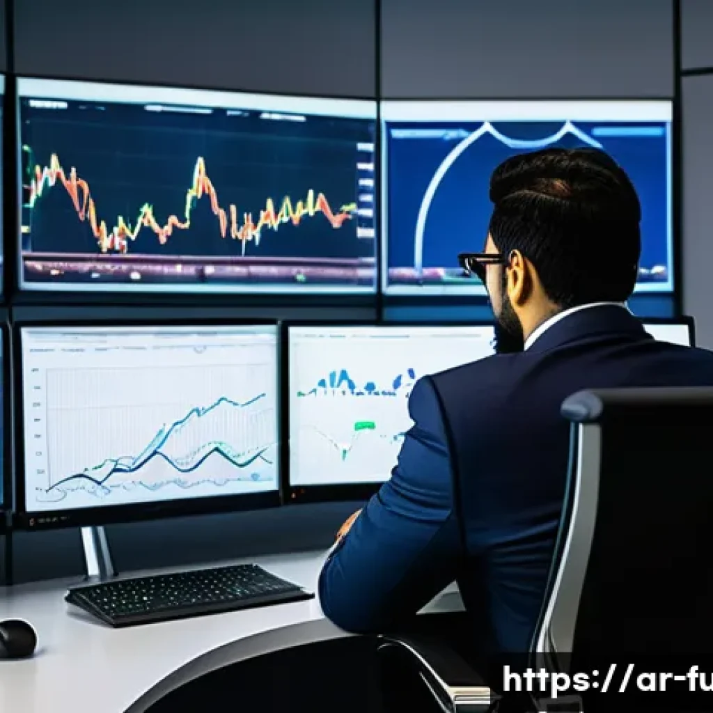 펀드투자상담사로서 금융 시장 예측법 - A detailed financial advisor’s modern office setting with multiple large digital screens displaying ...