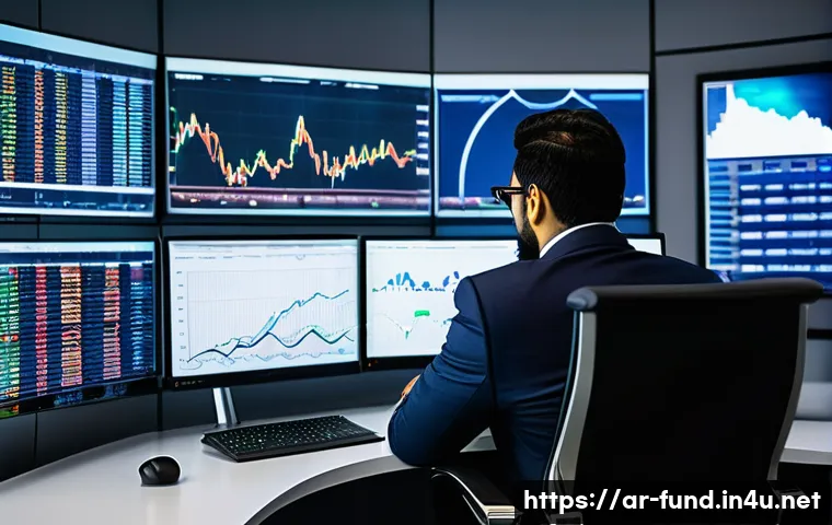 펀드투자상담사로서 금융 시장 예측법 - A detailed financial advisor’s modern office setting with multiple large digital screens displaying ...