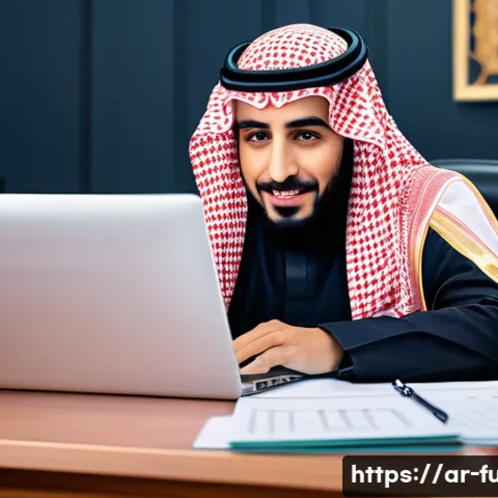 펀드투자상담사 자격증 갱신 방법 - A professional Middle Eastern man in traditional Saudi attire sitting at a modern desk with a laptop...