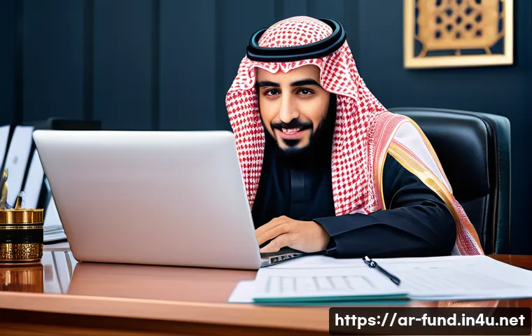 펀드투자상담사 자격증 갱신 방법 - A professional Middle Eastern man in traditional Saudi attire sitting at a modern desk with a laptop...