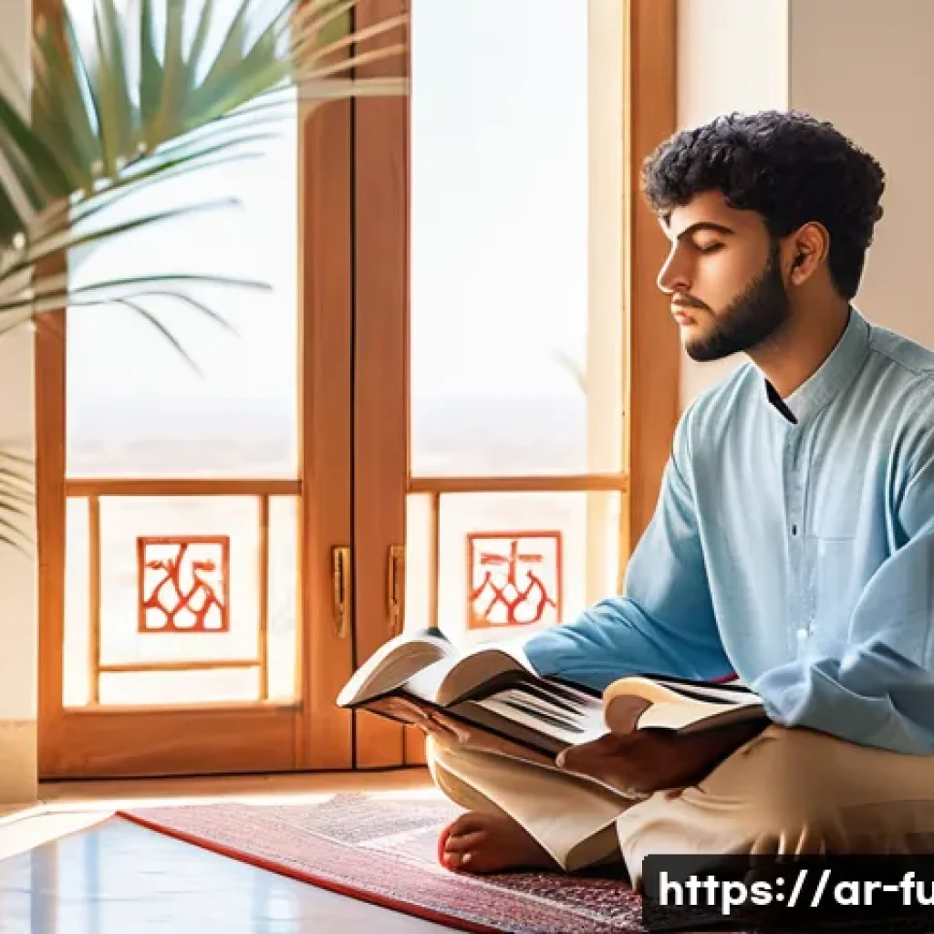 펀드투자상담사 시험 대비 멘탈 관리 - A serene study scene set in a cozy, sunlit room decorated with Arabic calligraphy and traditional ge...