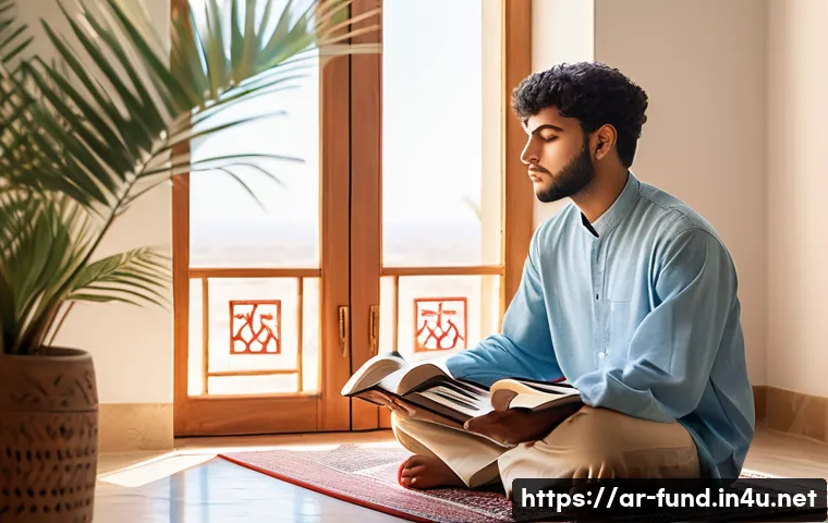 펀드투자상담사 시험 대비 멘탈 관리 - A serene study scene set in a cozy, sunlit room decorated with Arabic calligraphy and traditional ge...