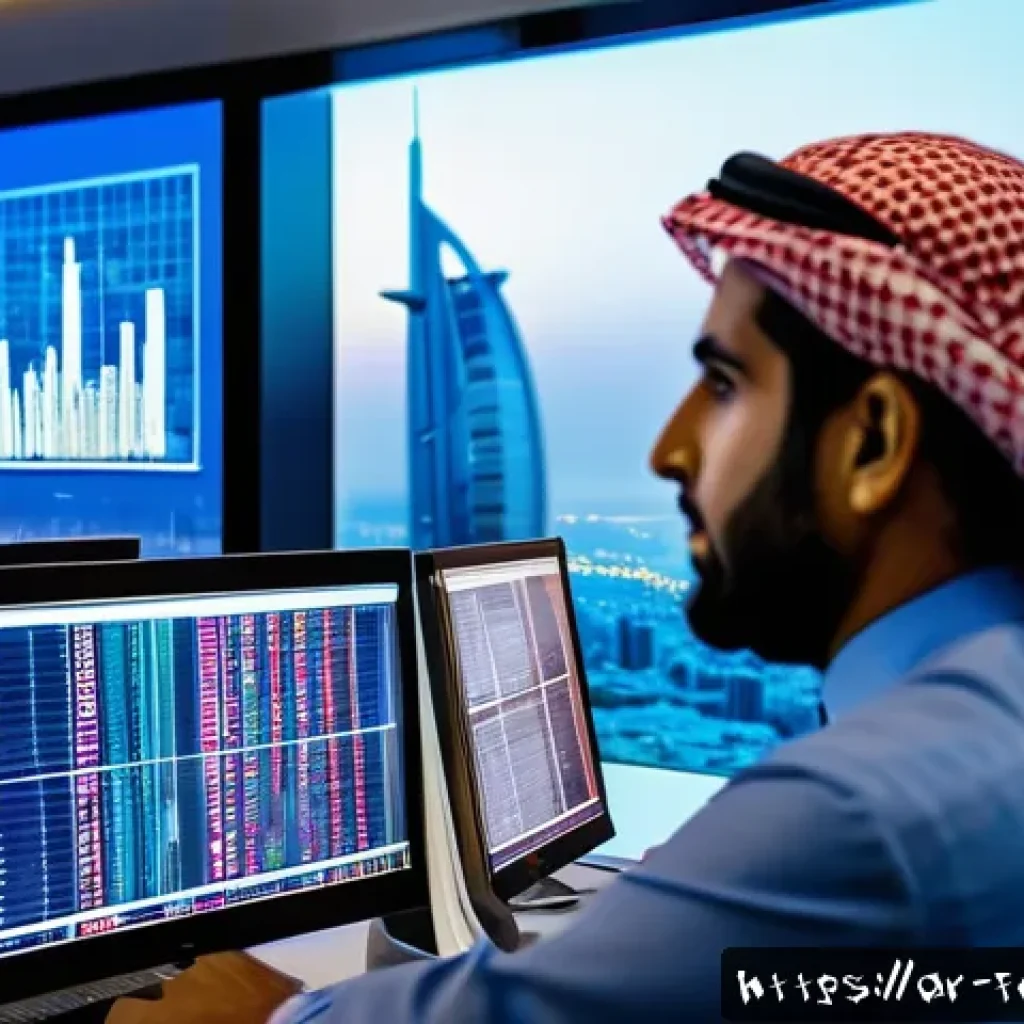 펀드투자상담사와 연관된 직무 사례 - A modern Middle Eastern financial analyst in a sleek office overlooking Dubai&rsquo;s skyline at sunset, i...