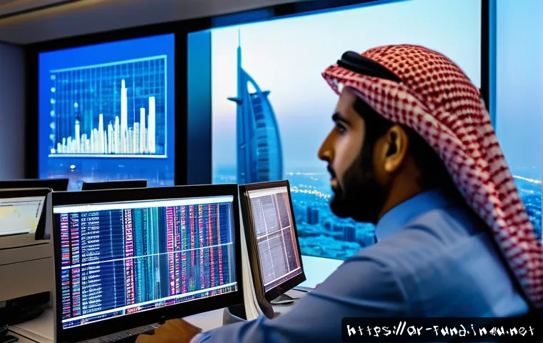 펀드투자상담사와 연관된 직무 사례 - A modern Middle Eastern financial analyst in a sleek office overlooking Dubai&rsquo;s skyline at sunset, i...