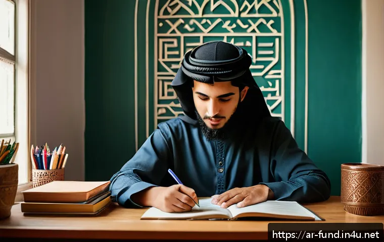 펀드투자상담사 시험 전날 준비해야 할 것 - A focused young Arab student sitting at a tidy desk in a warmly lit, quiet study room decorated with...