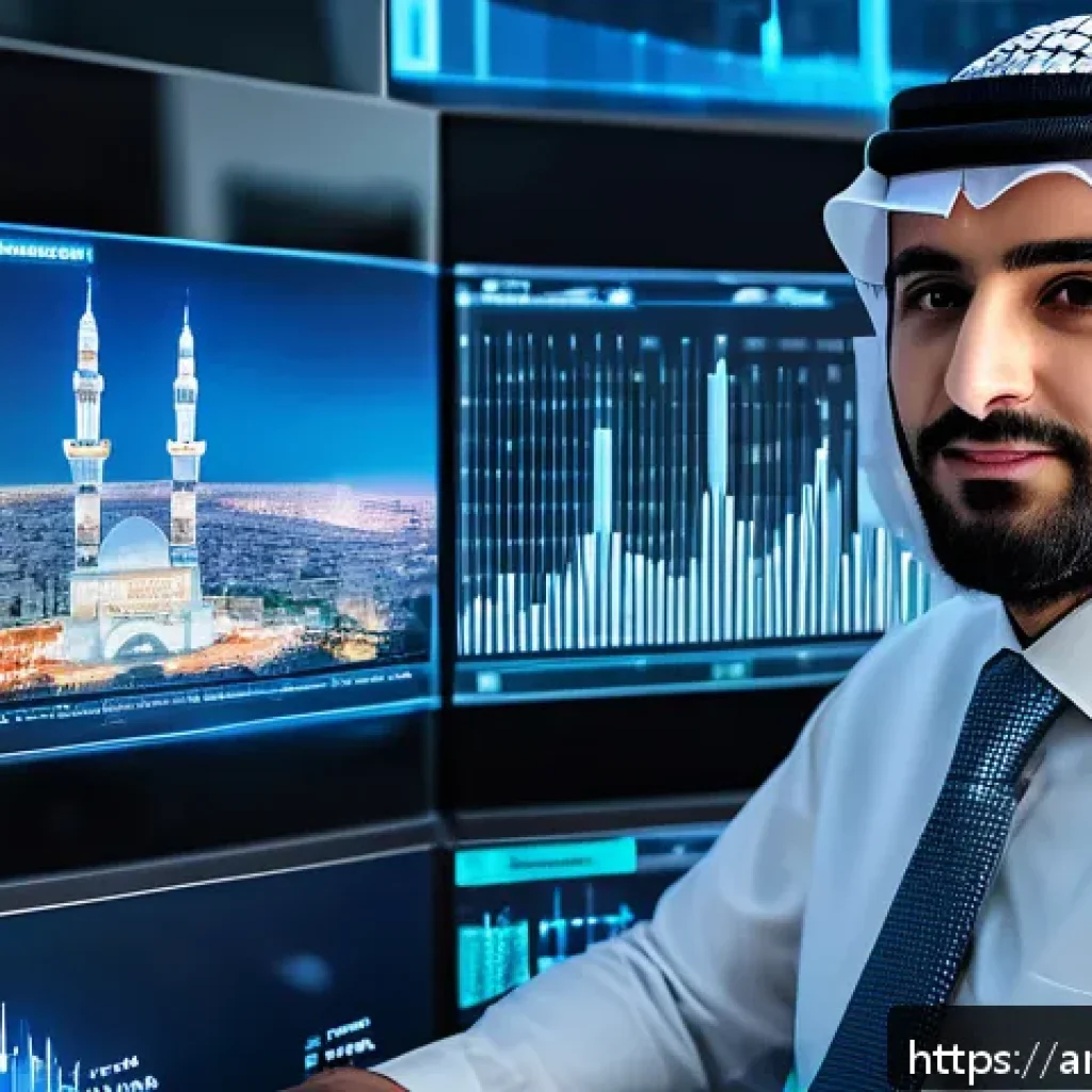 펀드투자상담사와 관련된 금융 기술 트렌드 - A modern Arab financial advisor in a sleek office setting, surrounded by multiple transparent digita...