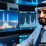 Home 22 펀드투자상담사와 관련된 금융 기술 트렌드 - A modern Arab financial advisor in a sleek office setting, surrounded by multiple transparent digita...