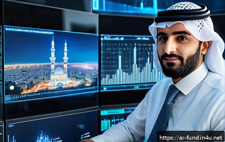 펀드투자상담사와 관련된 금융 기술 트렌드 - A modern Arab financial advisor in a sleek office setting, surrounded by multiple transparent digita...