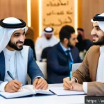 Home 21 펀드투자상담사 관련 네트워킹 팁 - A professional Middle Eastern business networking event set in a modern conference hall decorated wi...