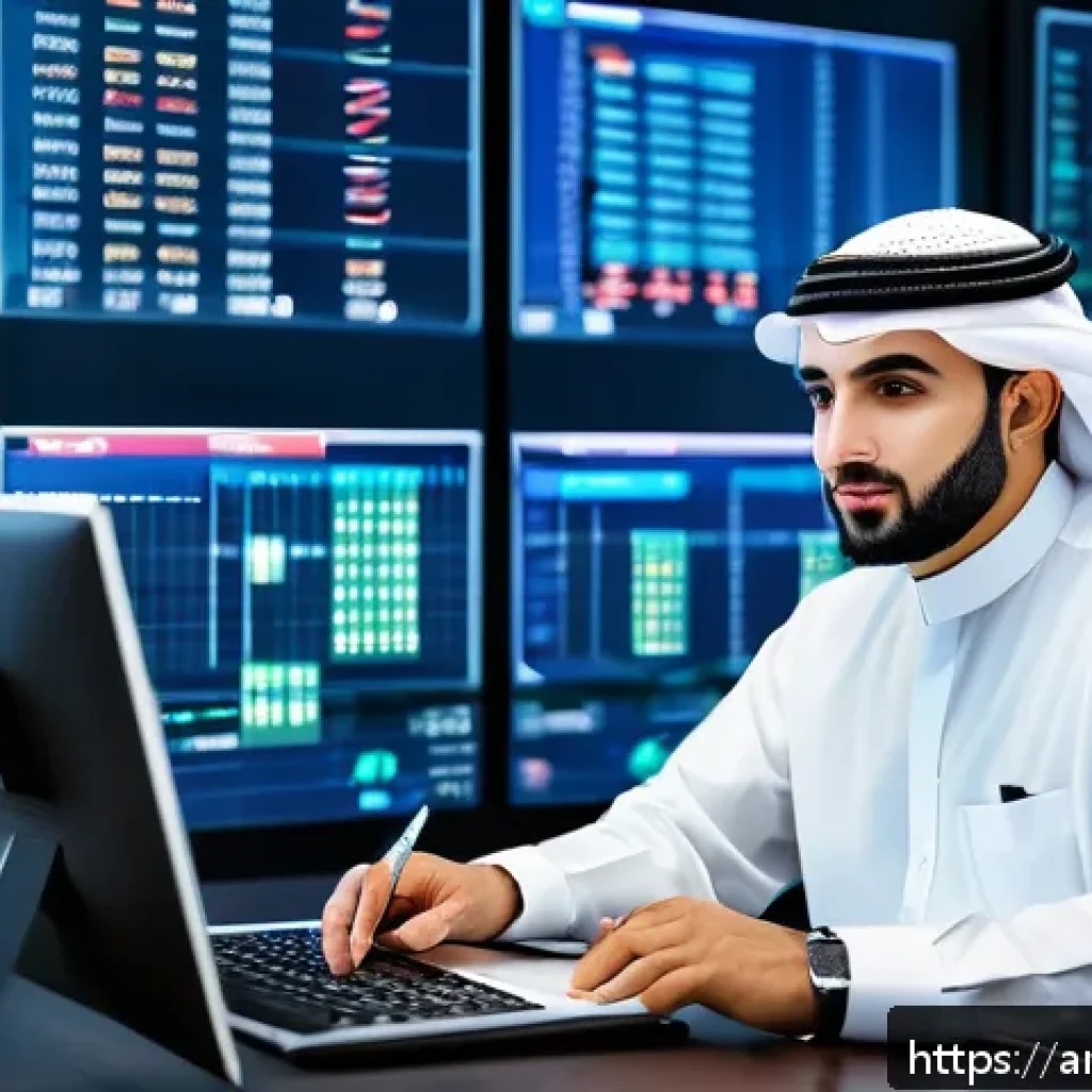 펀드투자상담사 경력직 인터뷰 사례 - A professional Middle Eastern financial analyst in traditional business attire, sitting at a sleek m...