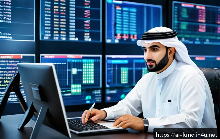 펀드투자상담사 경력직 인터뷰 사례 - A professional Middle Eastern financial analyst in traditional business attire, sitting at a sleek m...