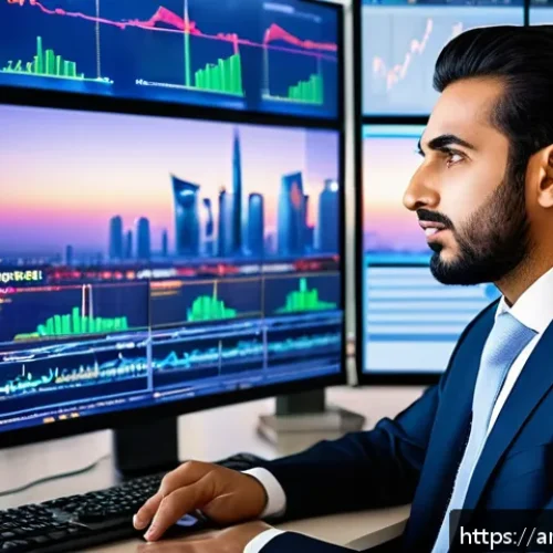 Home 30 펀드투자상담사 직업의 장단점 - A professional Arab investment advisor in a modern office setting, wearing formal business attire, a...