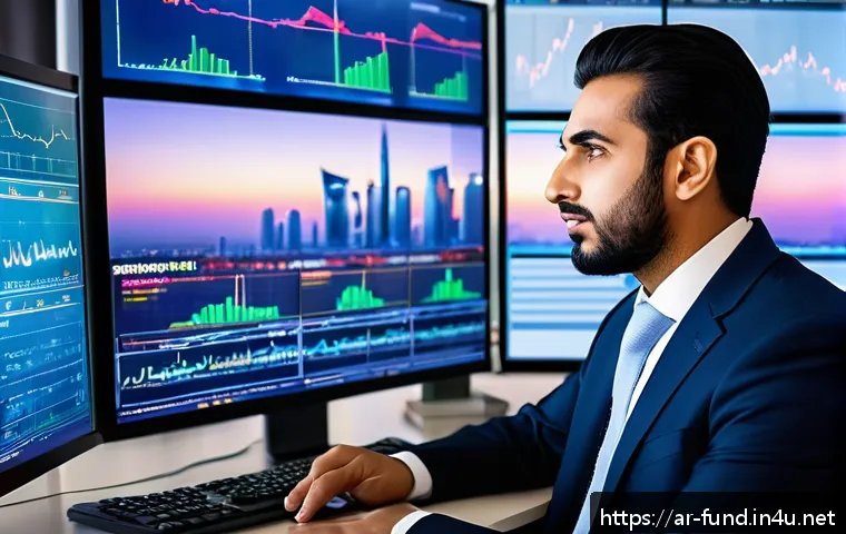 펀드투자상담사 직업의 장단점 - A professional Arab investment advisor in a modern office setting, wearing formal business attire, a...