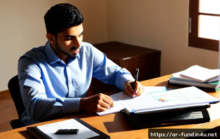 펀드투자상담사 시험 대비 스터디 방법 - Photorealistic study scene of a young Arab professional preparing for a fund investment advisor cert...