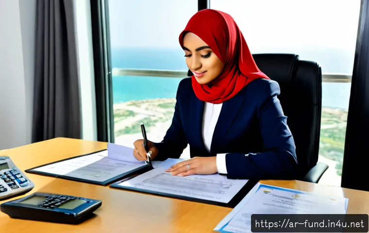 펀드투자상담사로 일하며 필요한 자격증 - Photorealistic Arab financial advisor in a modest business suit and hijab, seated at a clean modern ...