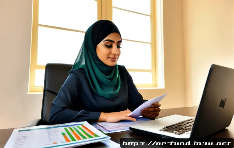 펀드투자상담사 자격증 취득 후 경력 개발 - Photorealistic career development scene in a modern Gulf Arab financial office, confident Arab woman...