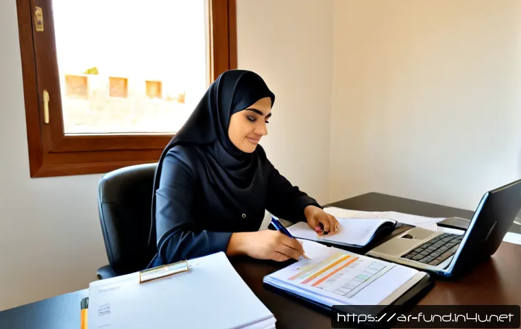 Home 17 펀드투자상담사 업무 기록 관리법 - Photorealistic Arab fund investment advisor in modest professional business attire organizing client...