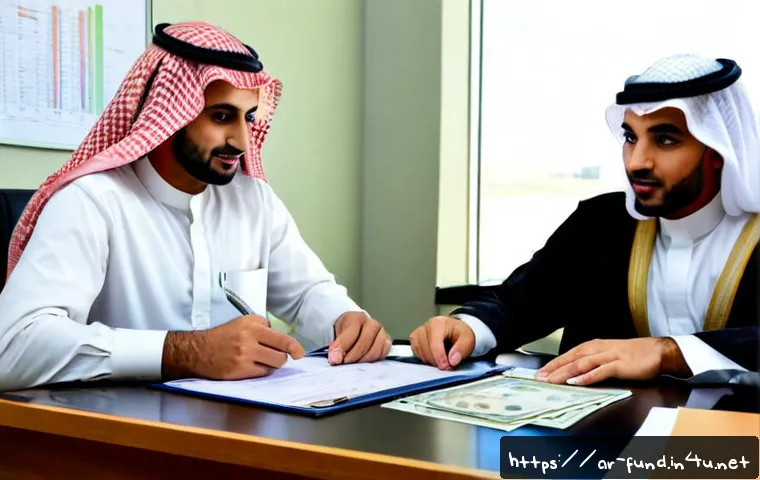 펀드투자상담사 자격증과 관련된 혜택 - Photorealistic Arab financial advisor in modest professional attire, confidently meeting an adult cl...